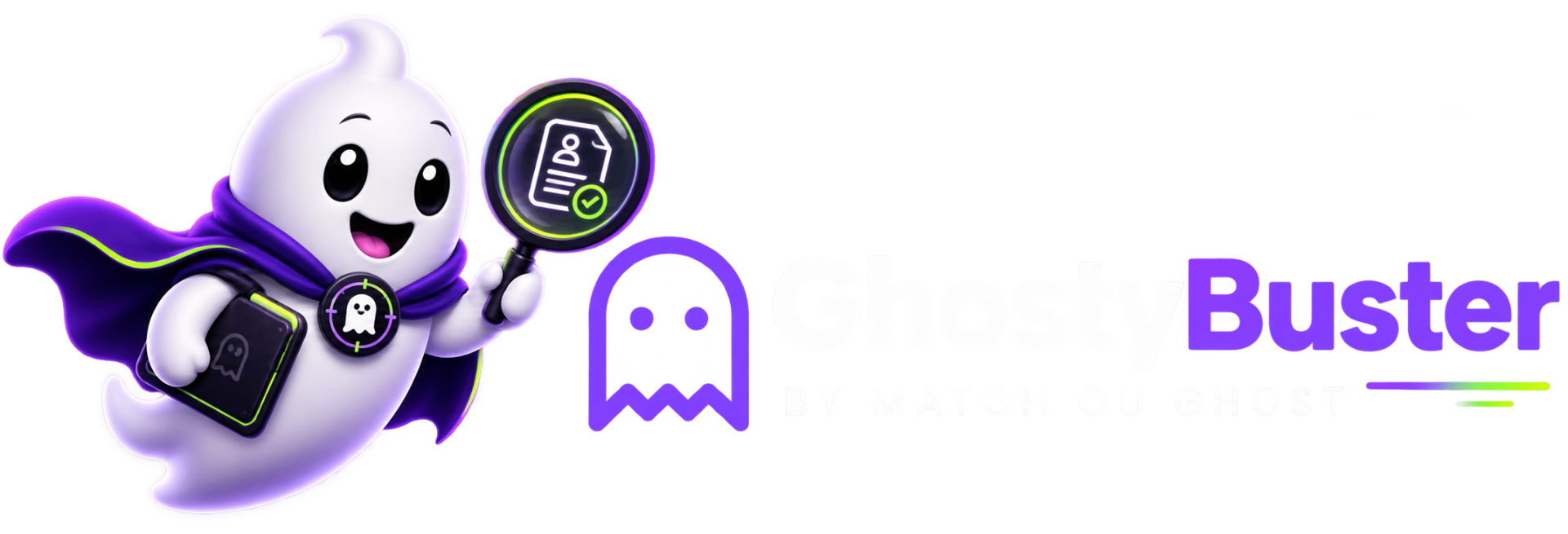 Aghostinho, mascote do GhostyBuster, analisando um currículo com uma lupa ao lado do logotipo GhostyBuster